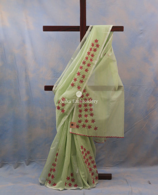Elegant Light Green Kota Saree with Pink Floral Cutwork and Pearls
