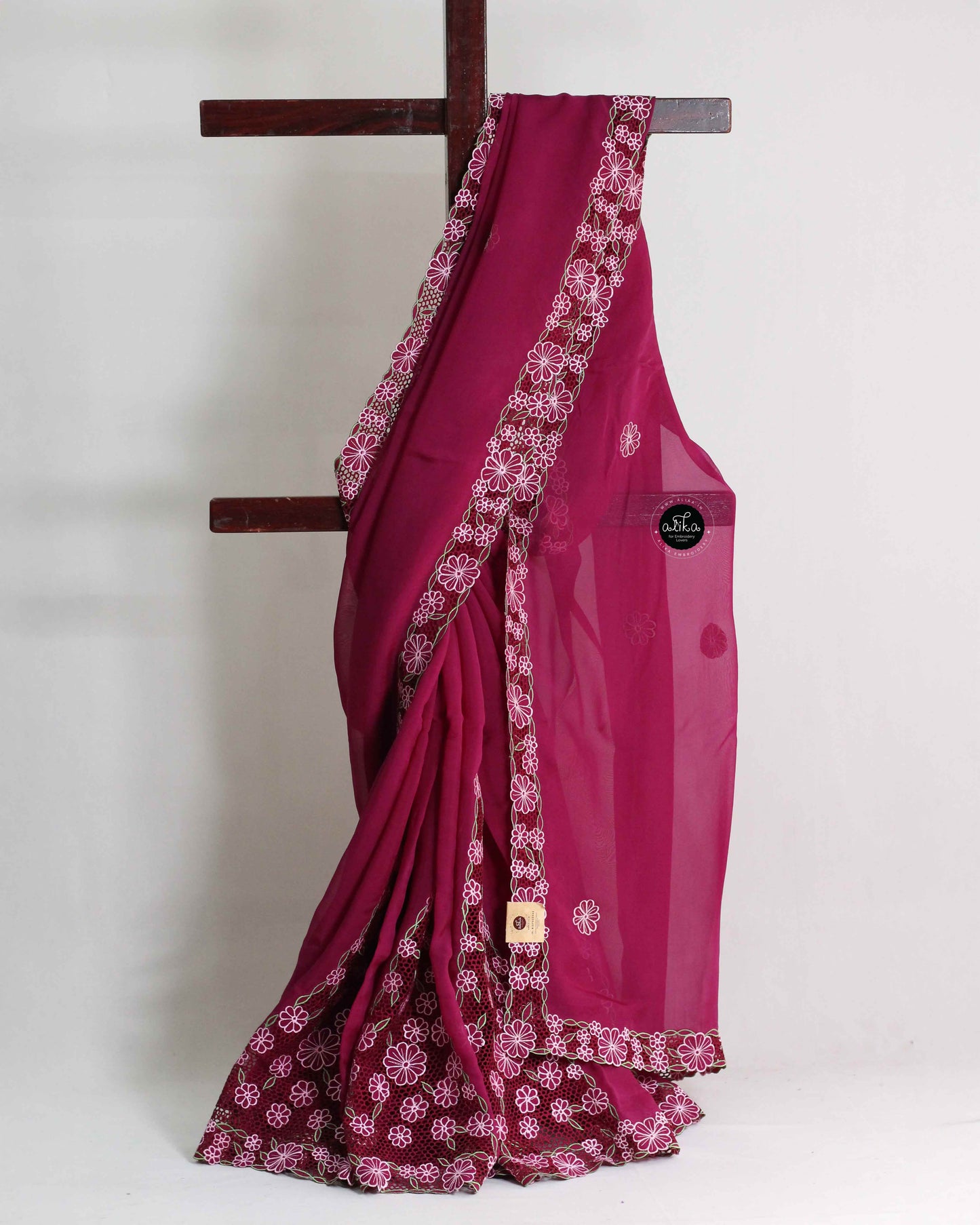 Dark Raspberry Organza Saree with Floral Cutwork – Elegant Designer Party Wear