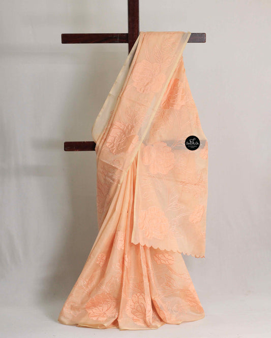 Light Orange Silky kota Saree with Floral Appliqué – Luxury Designer Wear