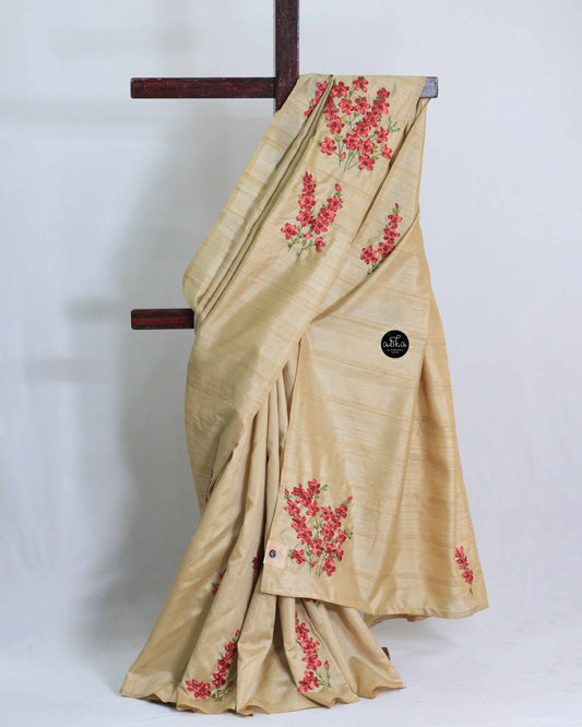 Warm Beige Semi Silk Saree with Red Floral Ribbon Embroidery and Bead Work