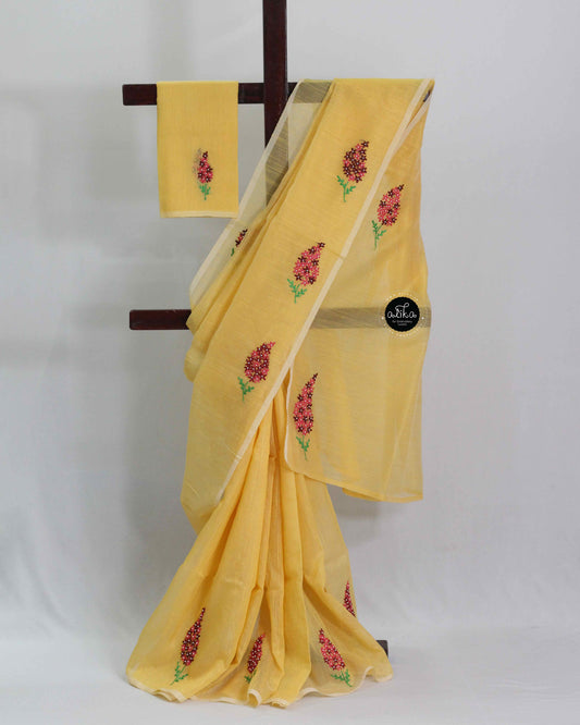 Mango Yellow Kota Saree with Floral Lazy Daisy Embroidery