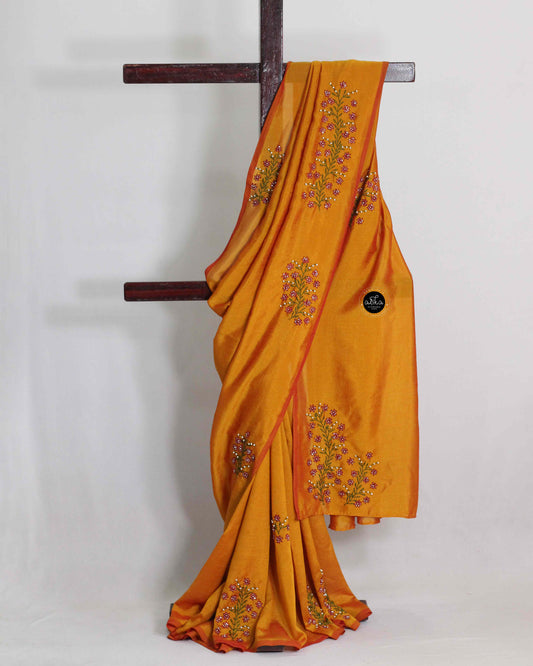 Semi Georgette Mustard Yellow Saree with Lazy Daisy Bead Work