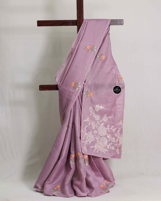 Light Grape Purple Silky Kota Saree with Floral Machine Embroidery & Sequin Work