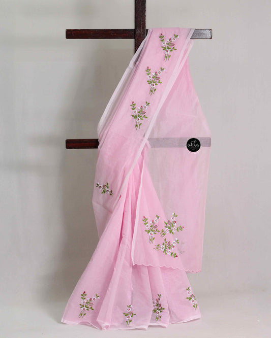 Light Pink Kota Saree with Floral Machine Embroidery | Elegant Ethnic Wear