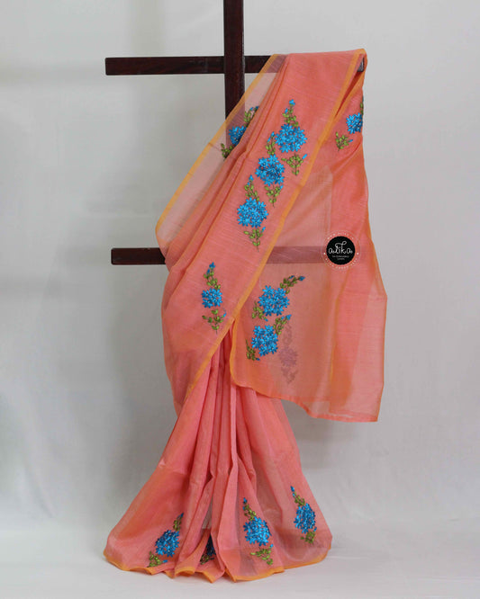 Peach Kota Saree with Floral Ribbon Work