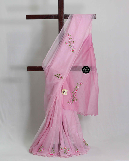 Pink Silky Kota Saree with Floral Machine Embroidery