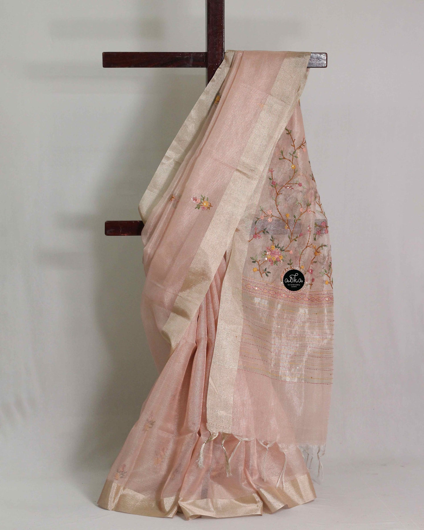 Rose Gold Semi Tissue Saree with Floral Hand Embroidery