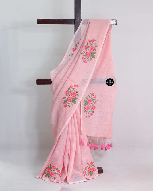 Light pink Pure Linen Saree with Floral Machine Embroidery
