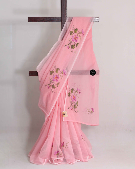 Blush Pink Kota Saree with Floral Machine Embroidery