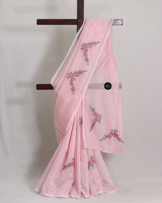 Light Pink Kota Saree with Hand Embroidery