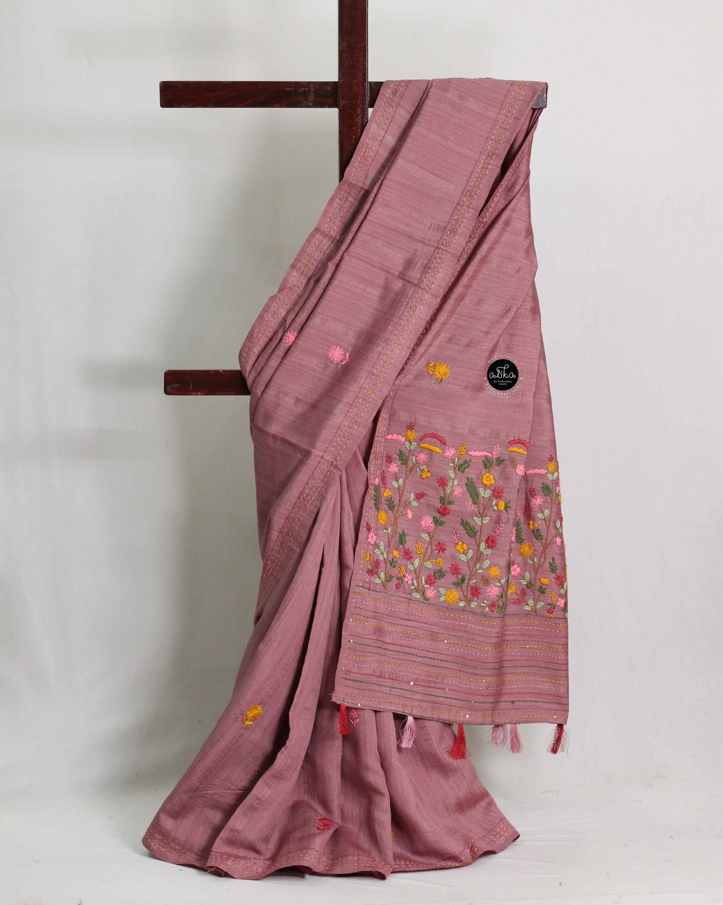 Cinnamon Rose Semi Silk Saree with Floral Hand Embroidery & Sequin Work