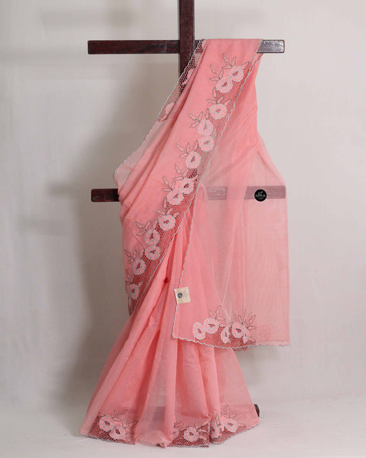 Peach Kota Saree with Floral Cutwork