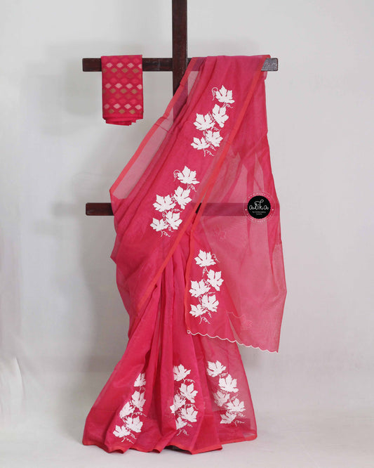 Raspberry Pink Kota Saree with Floral Appliqué Work