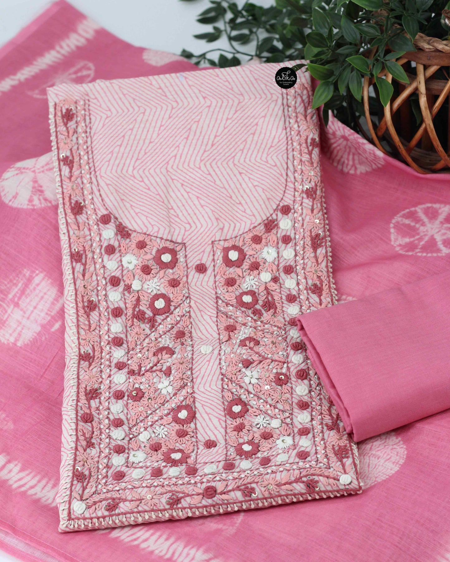 Off White Chanderi Cotton Unstitched Salwar Set with Pink Floral Hand Embroidery