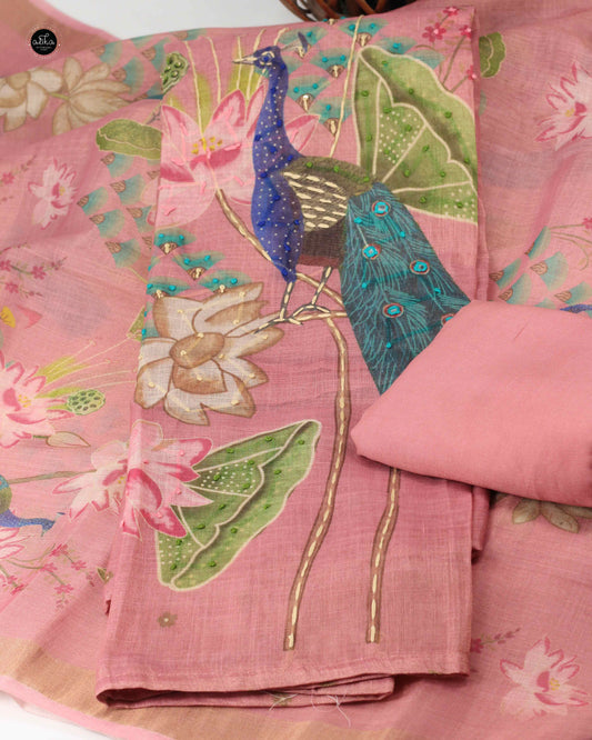 Peach semi tissue Unstitched Salwar Set with Floral Prints and Mirror Work