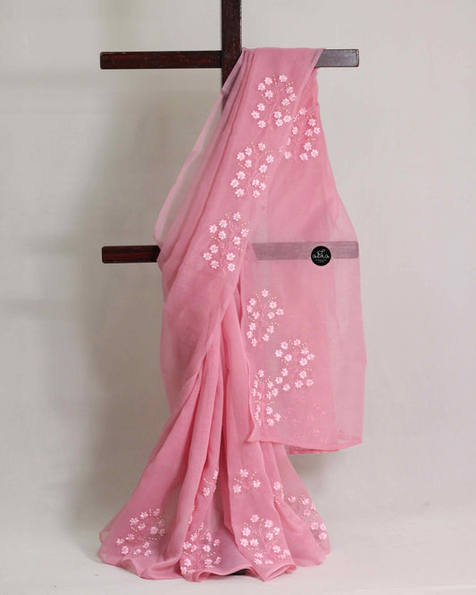 Pink Kota Saree with Floral Ribbon & Bead Work – Lightweight Party Wear