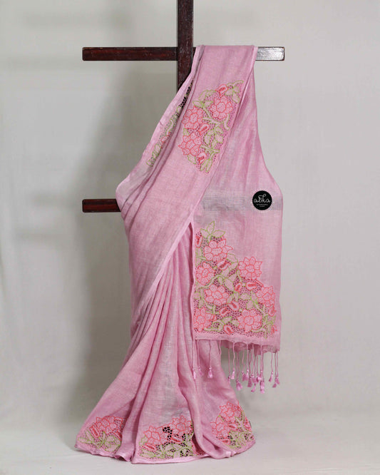 Light Pink Pure Linen Saree with Floral Twine Cutwork | Elegant Party Wear