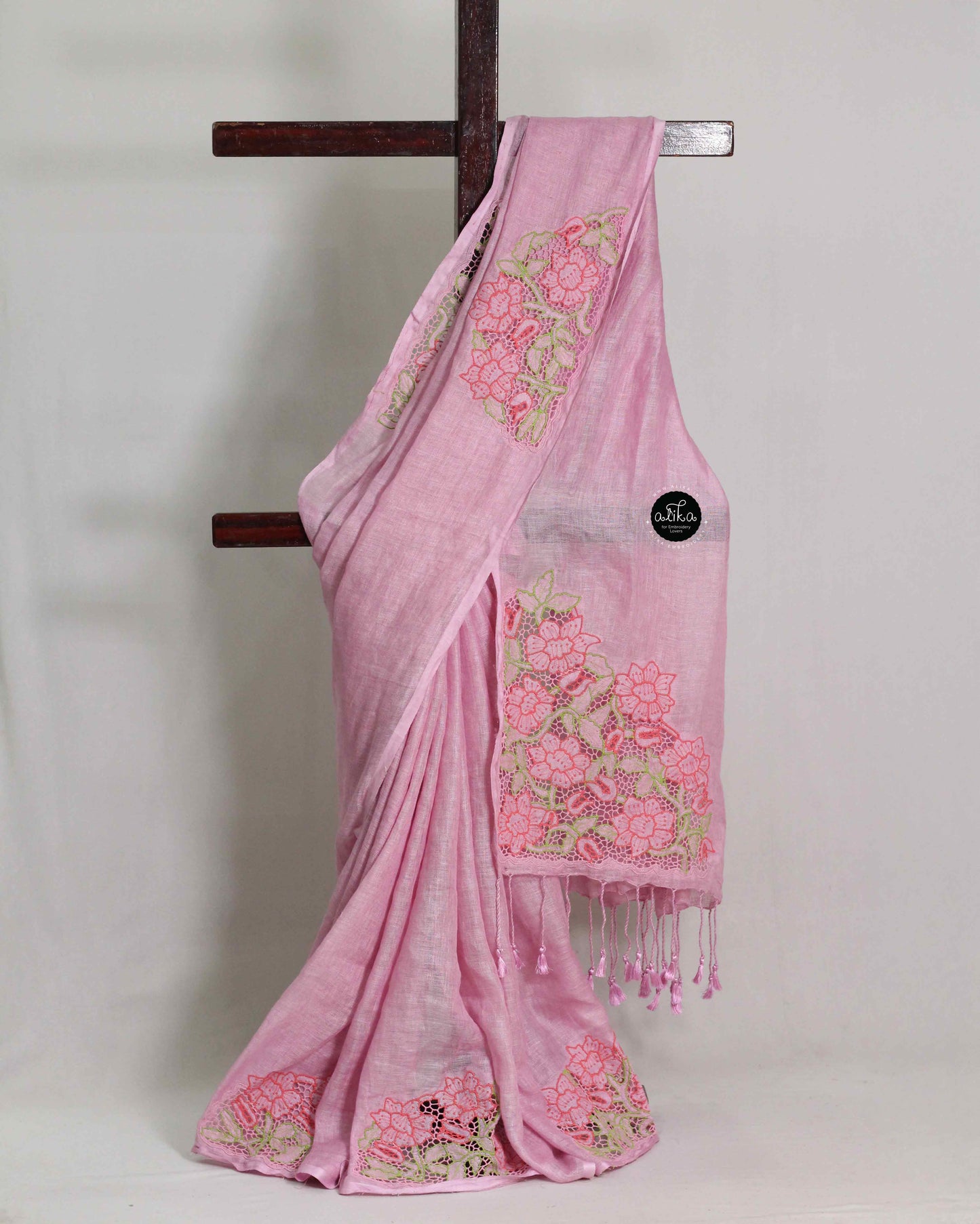 Light Pink Pure Linen Saree with Floral Twine Cutwork | Elegant Party Wear