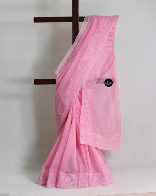 Light Pink Kota Saree with Floral Applique Border – Elegant Ethnic Wear
