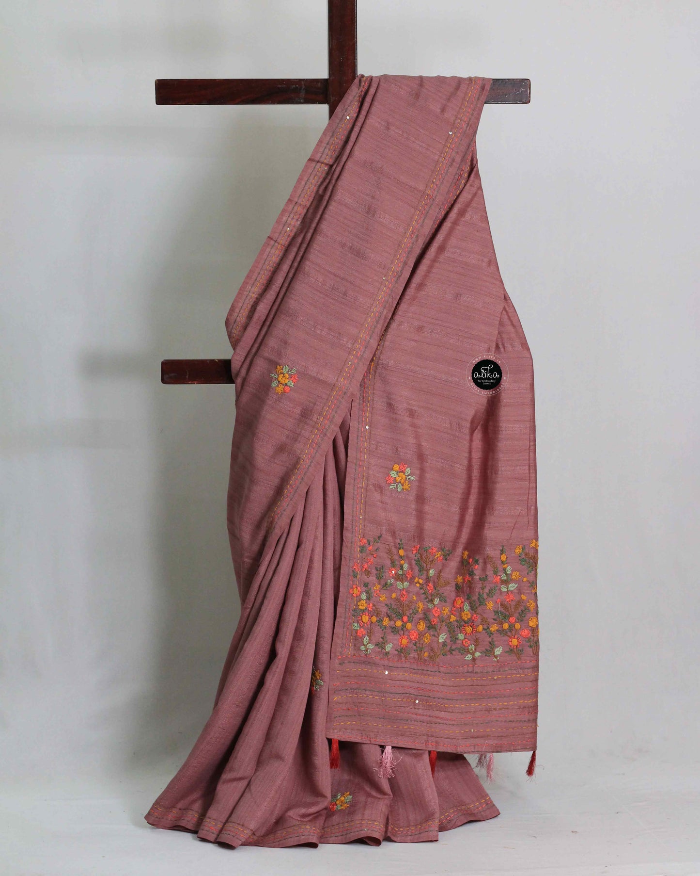 Cinnamon Rose Semi Silk Saree with Floral Hand Embroidery & Sequin Work