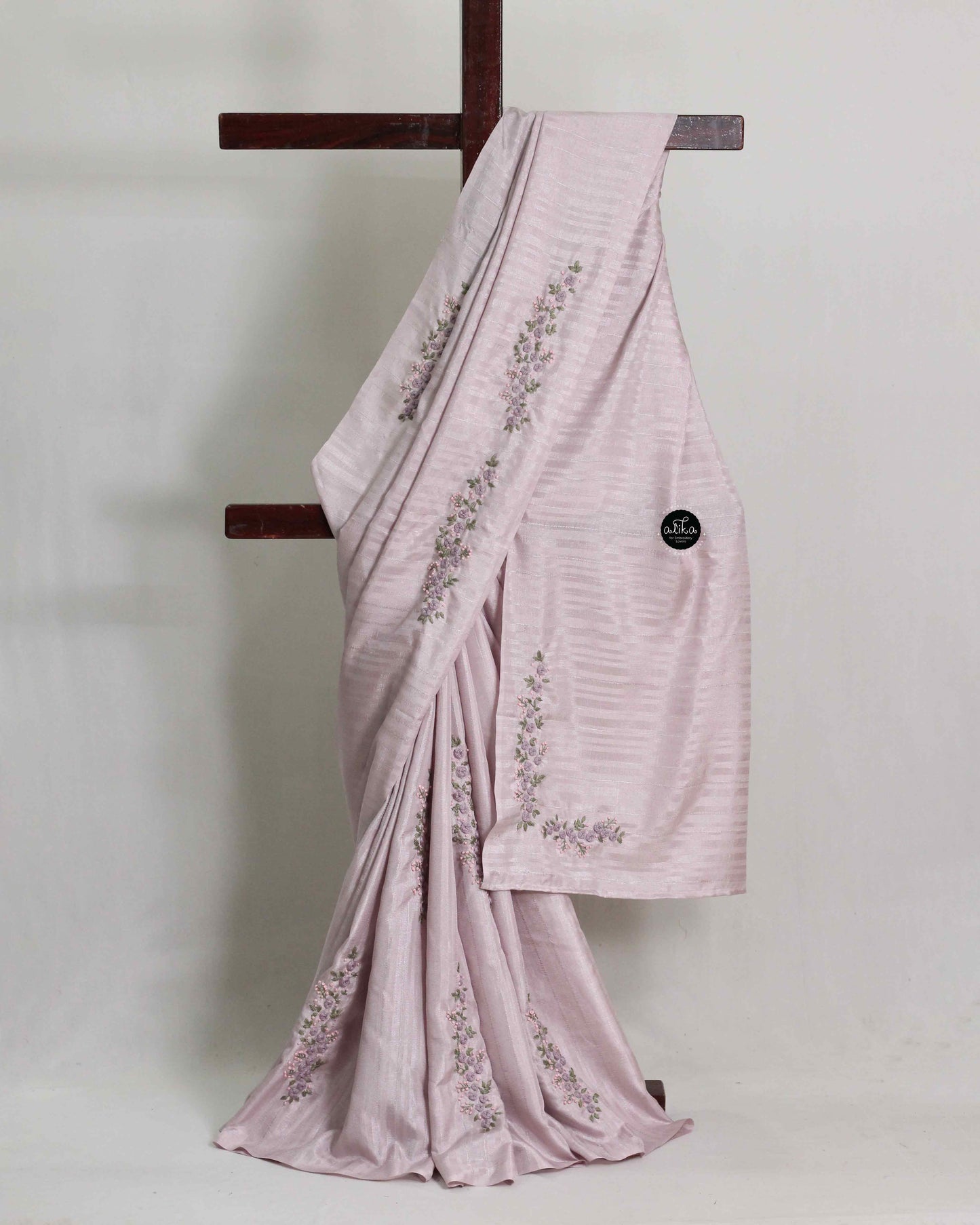 Light Lavender Semi Silk Saree with Floral Hand Embroidery