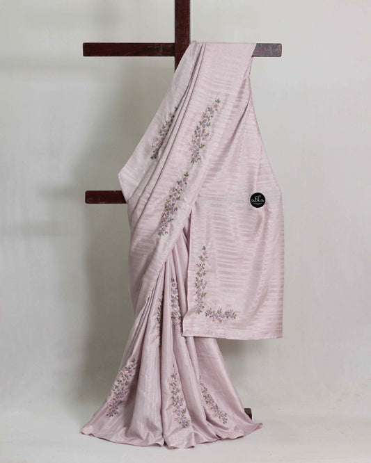 Light Lavender Semi Silk Saree with Floral Hand Embroidery