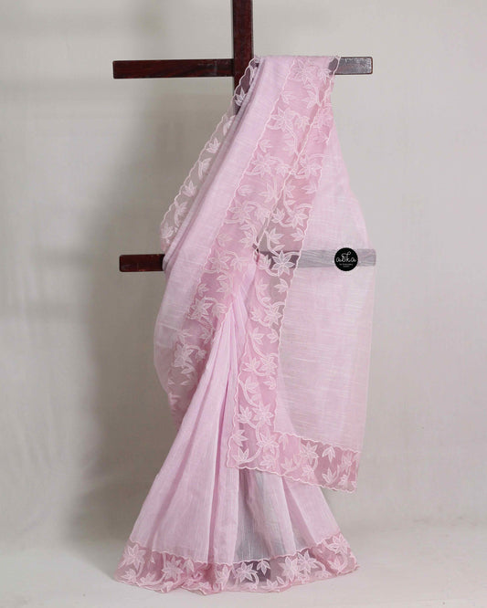 Lavender Rose Kota Saree with Organza Appliqué Border – Soft & Elegant