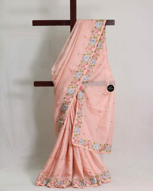 Light Orange Silky Kota Saree with Floral Machine Embroidery & Lace Piping