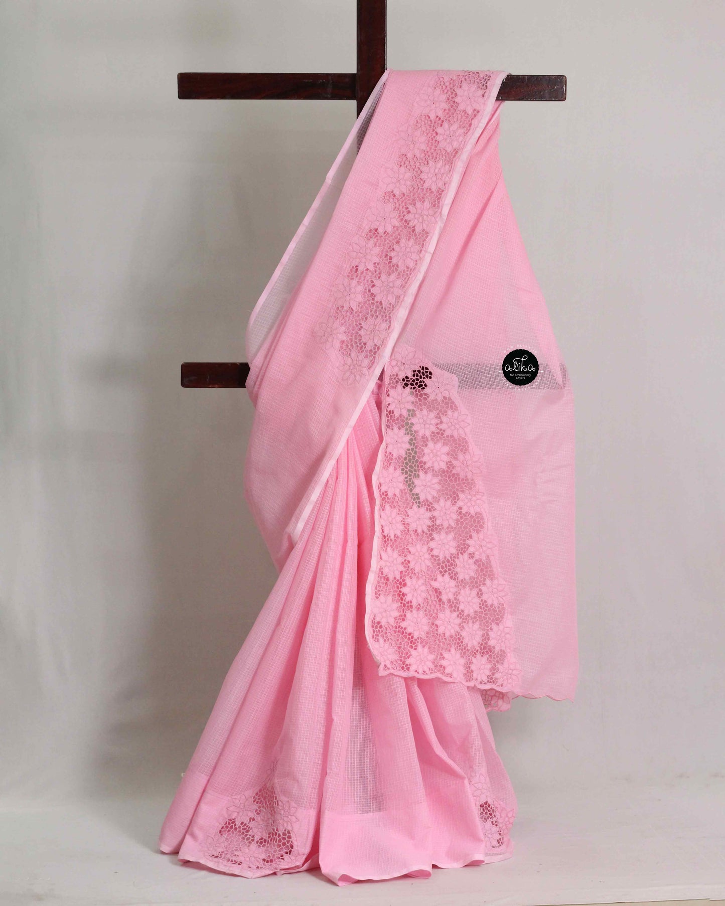 Pink Cotton Kota Saree with Floral Twine Cutwork
