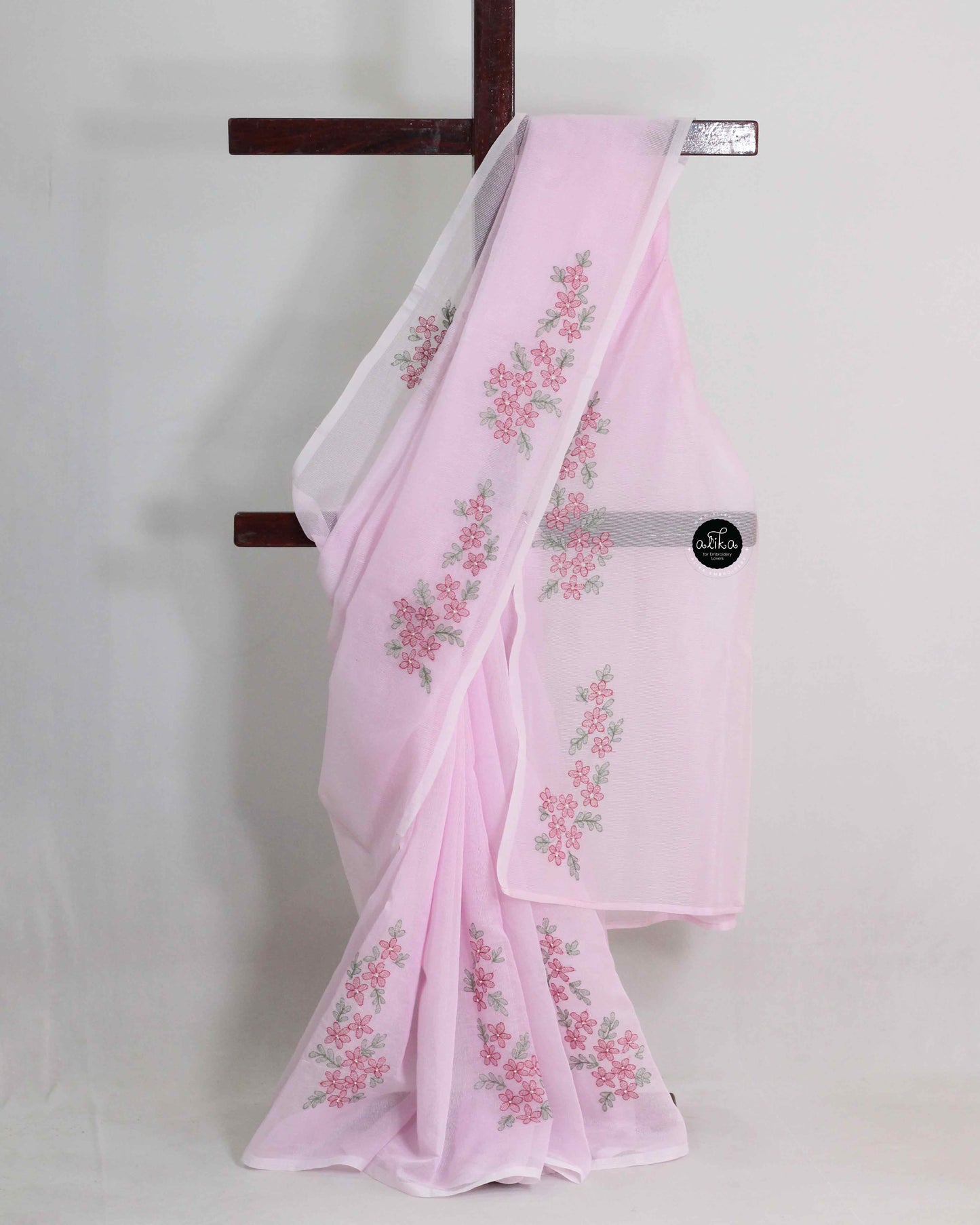 Light Pink Kota Saree with Floral Shadow Embroidery and Bead Work