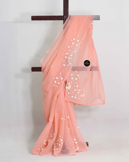 Peach Kota Saree with Elegant Ribbon Work – Alika Fashion Store
