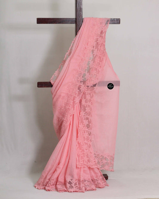 Soft Pink Cotton Kota Saree with wide Applique Border