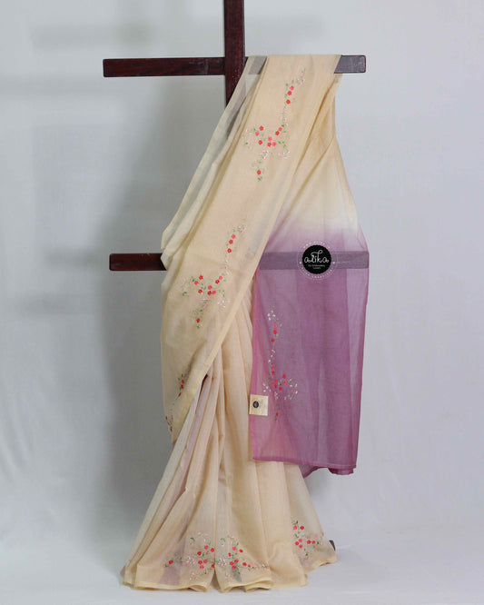 Vanilla and Purple Silky Kota Saree with Floral Machine Embroidery