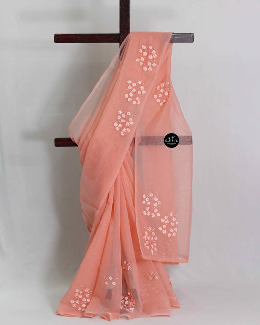 Sugar Peach Kota Saree with Floral Ribbon and Bead Work