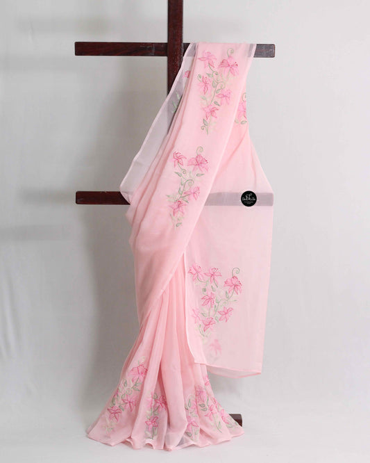 Light Pink Organza Saree with Floral Shadow Embroidery and Bead Work
