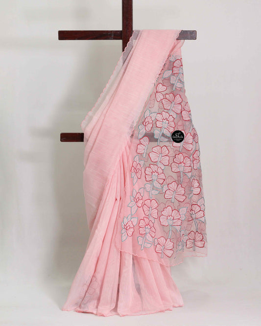 Peach Pink Kota Saree with Organza Applique Work