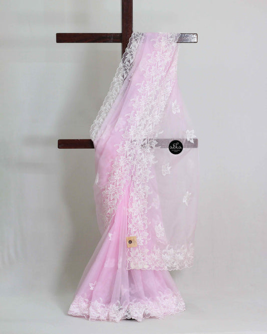 Light Lavender Rose Saree with Floral Machine Embroidery