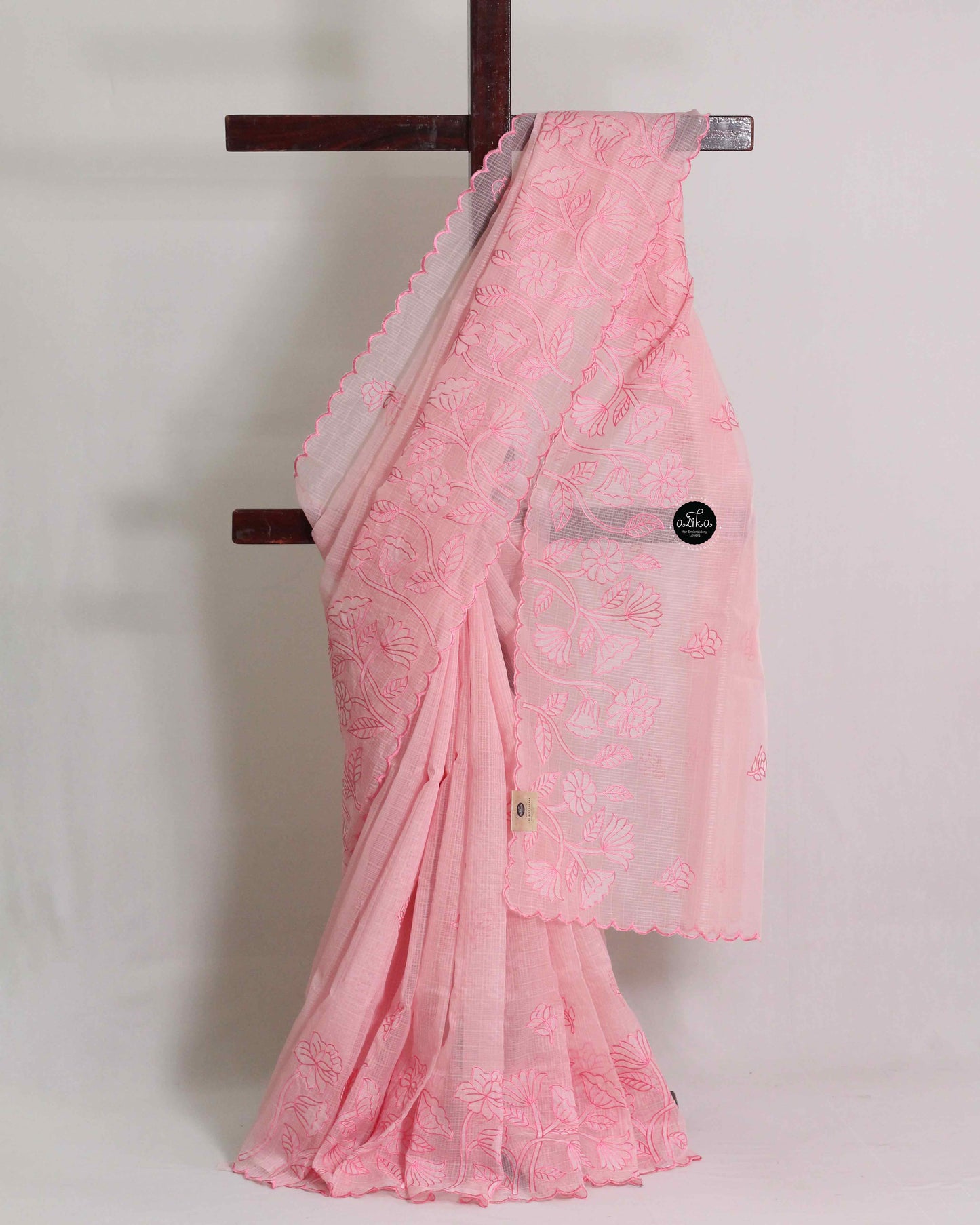 Light Pink Kota Saree with Floral Machine Embroidery