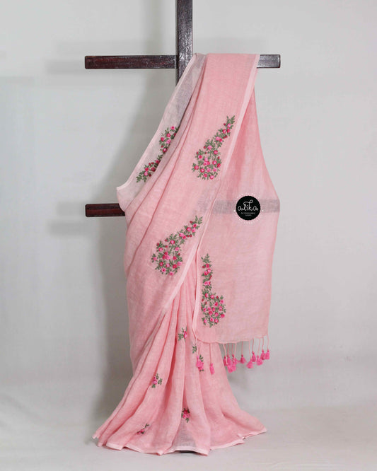 Light Pink Pure Linen Saree with Floral Hand Embroidery & Bead Work – Alika Fashion Store
