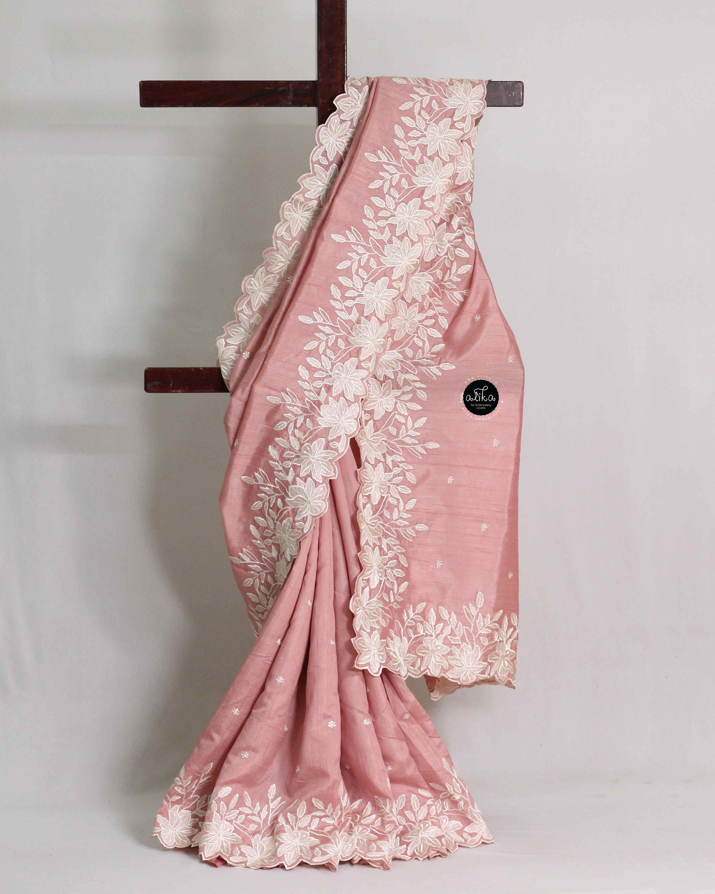 Peach Semi Silk Saree with Floral Embroidered Border