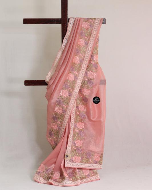 Peach Semi Organza Saree with Floral machine Embroidery border