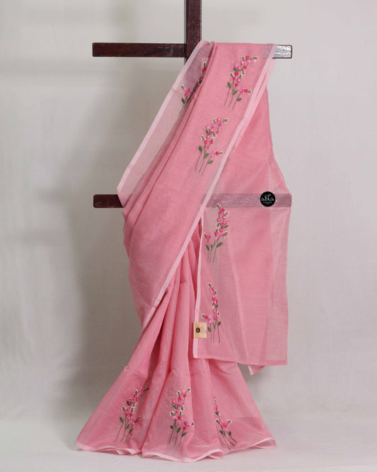 Light Pink Kota Saree with Floral Hand Embroidery
