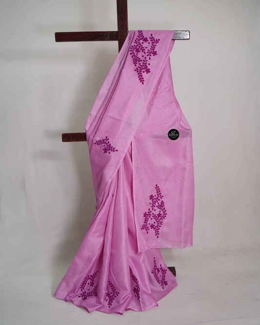 Pink Silky Kota Saree with Floral Machine Embroidery
