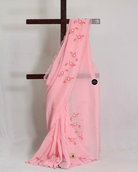 Light Pink Organza Saree with Floral Machine Embroidery