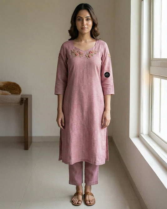 Dark onion pink Semi-Linen Stitched Kurti with Floral Hand Embroidery on Neckline & Top of the Sleeves