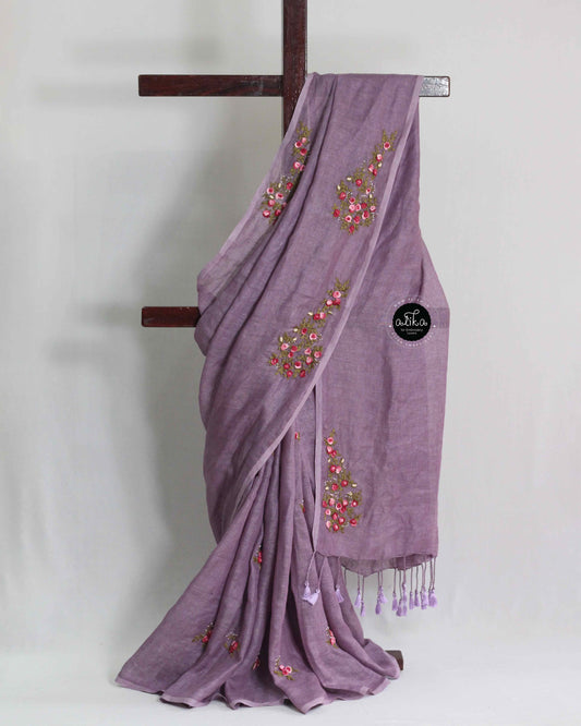 Lilac Pure Linen Saree with Floral Hand Embroidery and Bead Work