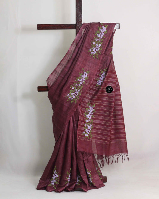 Wine Purple Pure Tussar Silk Saree with Floral Hand Embroidery – Artisan Luxury by Alika Fashion Store