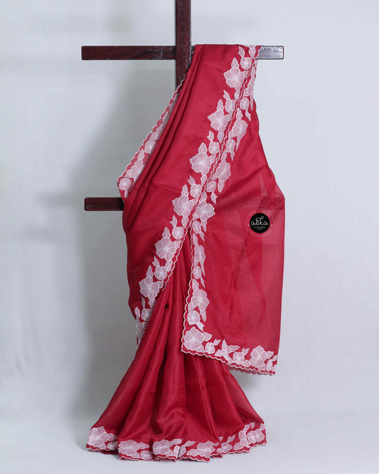 Red Silky Kota Saree with Floral Applique Border