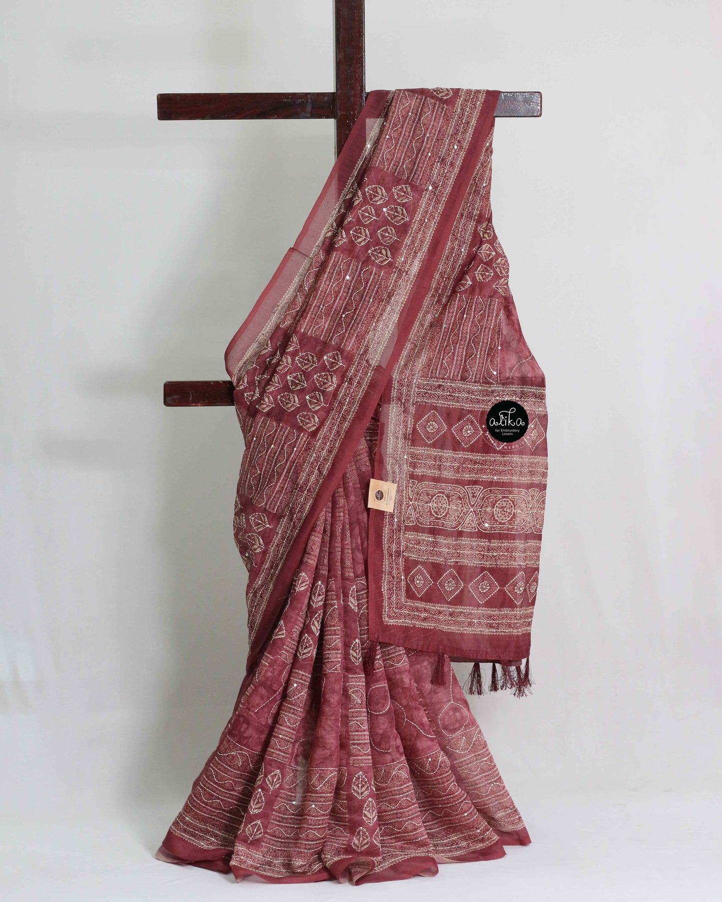 Maroon Printed Chanderi Saree with Kantha Work