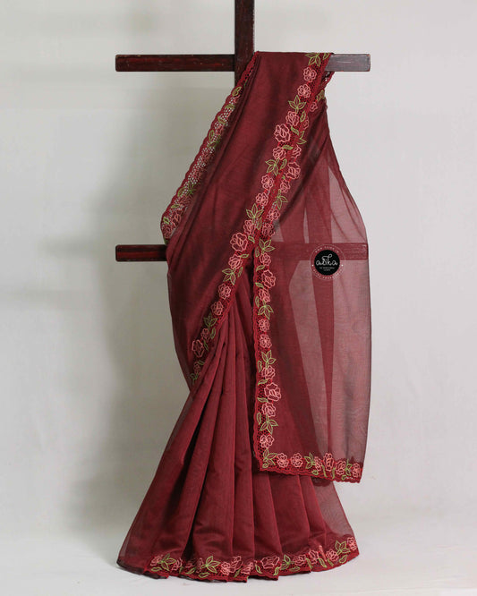 Maroon Kota Saree with Floral Cutwork Border – Elegant Festive Wear